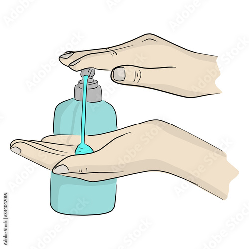 close-up finger tip pushing sanitizer gel pump dispenser to protect Covid-19 virus vector illustration sketch doodle hand drawn isolated on white background