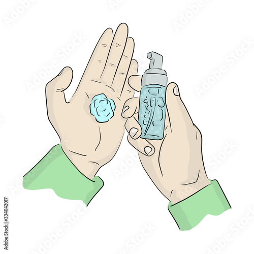 close-up hand using small hand sanitizer gel pump dispenser to protect Covid-19 virus vector illustration sketch doodle hand drawn isolated on white background