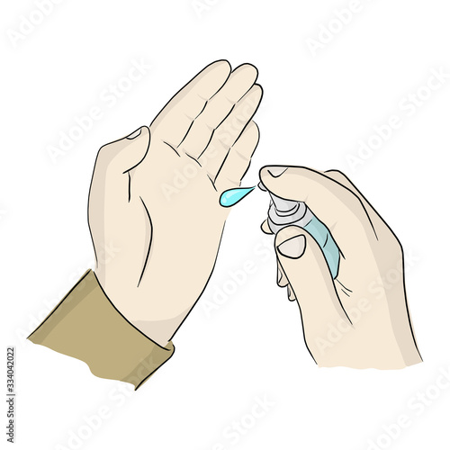 close-up right hand holding sanitizer gel pump dispenser to protect Covid-19 virus vector illustration sketch doodle hand drawn isolated on white background