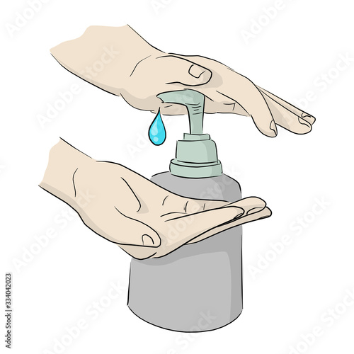 close-up hand with sanitizer gel pump dispenser to protect Covid-19 virus vector illustration sketch doodle hand drawn isolated on white background