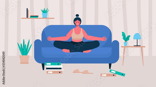 Woman with closed eyes sitting cross legged on chair meditating in room or apartment. Meditation, relaxation at home, yoga. health benefits for body, mind, emotions. Flat cartoon vector illustration.