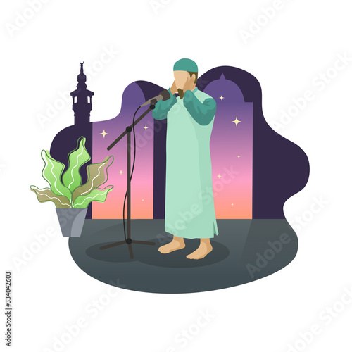 a male Muslim echoes adzan to calling other Muslims to perform the prayer when entering prayer time