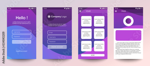 Design of mobile app, UI, UX, GUI. Set of user registration screens with login and password input, account sign in, sign up, home page. Modern Style. Minimal Application. UI Design Template. Interface