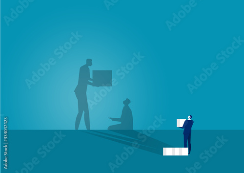 businessman looking him big shadow helping poor donation concept.  illustration