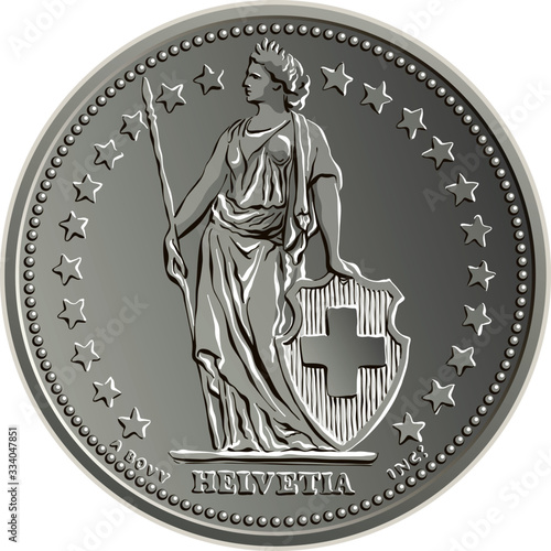 1 Swiss franc and 50 centimes coin minted obverse with Helvetia shown standing, the official coin used in Switzerland and Liechtenstein