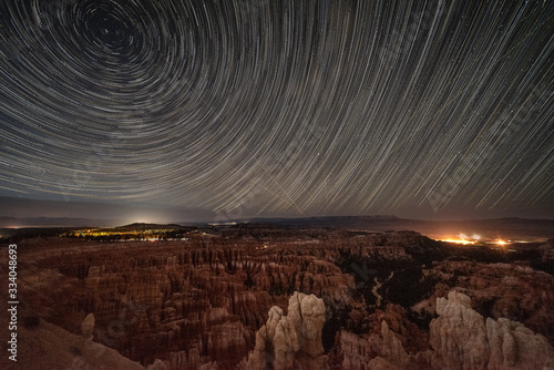 Star trails, night time in incredible Bryce Canyon in Utah, United States of America. Travelling through the USA in the summer, national parks. 