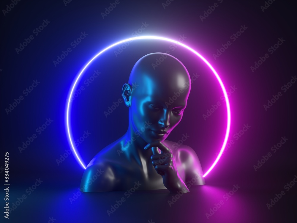 3d render, abstract neon background with human body parts. Female mannequin sculpture: head, face, hand. Glowing light ring. Social issue: personal identification, critical thinking, meditation, alone 3d render, abstract neon background with human body parts. Female mannequin sculpture: head, face, hand. Glowing light ring. Social issue: personal identification, critical thinking, meditation, alone