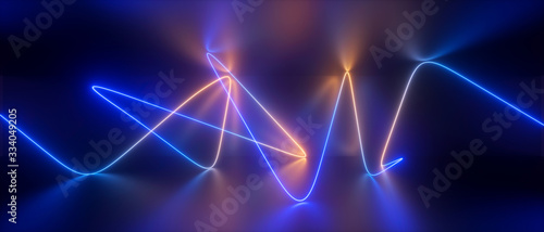 3d abstract neon background, chaotic wavy line, lightning energy, trajectory path glowing in ultraviolet light, blue yellow laser rays