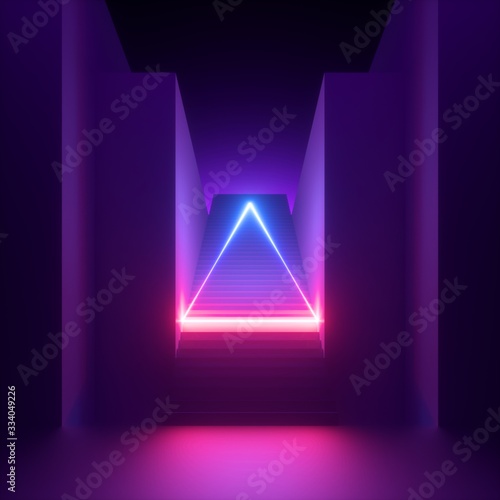 3d render, abstract modern minimal violet background, pink blue neon light glowing triangle, blank triangular shape. Empty staircase perspective, architectural entrance. Futuristic urban concept