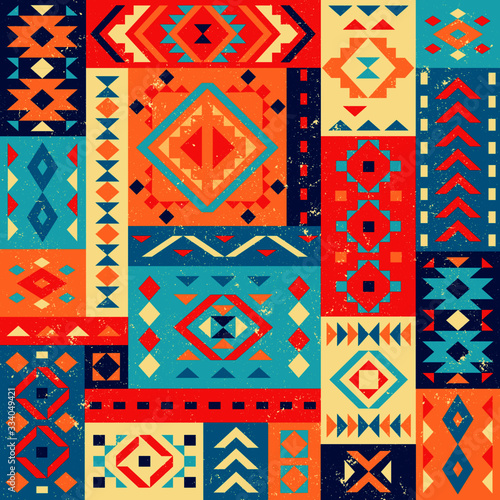 Bright geometric pattern in the Mexican style. Ornaments in geometric shapes. Triangles, squares, rhombuses, rectangles. Texture background.