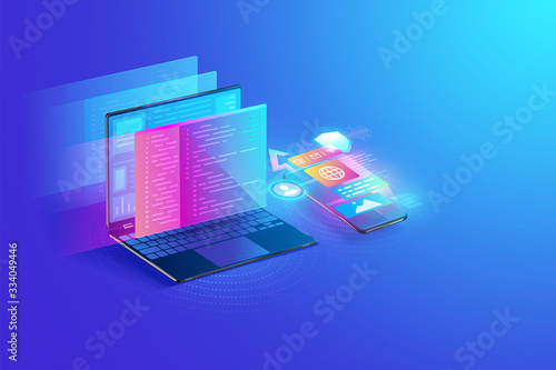 Web development, application design, coding and programming on laptop and smartphone concept with programming language and program code and layout on screen Illustration