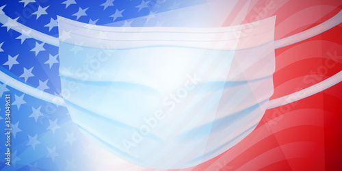 American flag with a medical disposable mask for protection of coronavirus