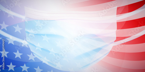 American flag with a medical disposable mask for protection of coronavirus