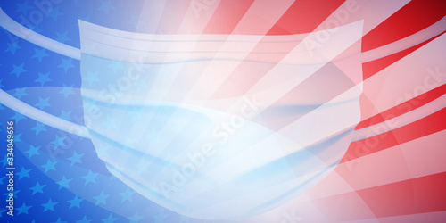 American flag with a medical disposable mask for protection of coronavirus