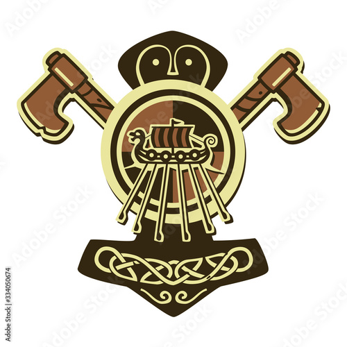 Vector viking coat of arms isolated on white. Includes Thor's hammer, axes, a shield and a sailboat with a dragon head. Can represent exploration, conquest, Norse mythology, adventure, seafaring, Hist