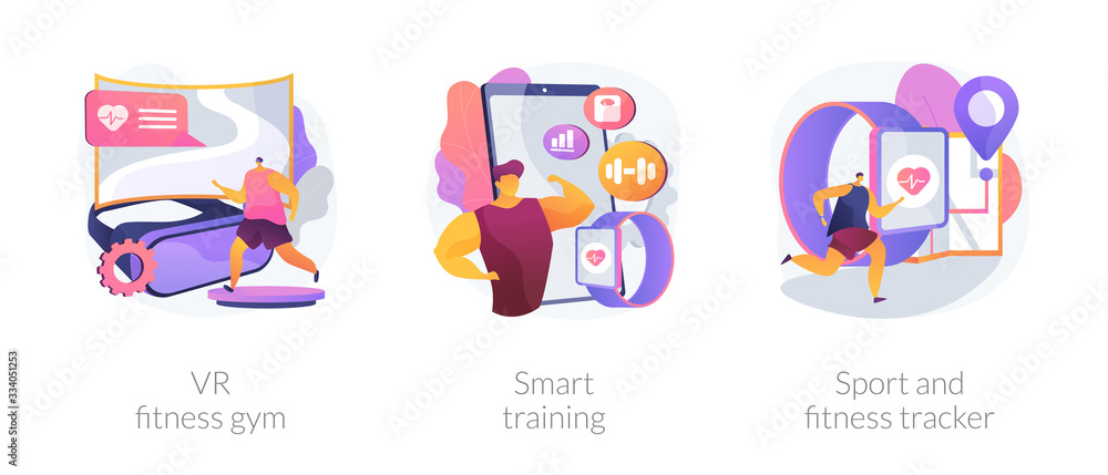 Fototapeta premium Sport exercise modern technologies metaphors. VR gym, smart training, fitness tracker. Workout tracking wearable devices. Smart watch app. Vector isolated concept metaphor illustrations.