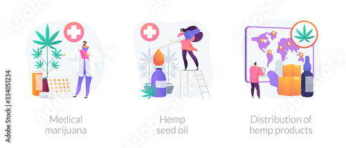 Medical marijuana metaphors. Hemp seed oil, distribution of cannabis products, herbal medications. Cannabidiol acid drug. Weed for medical use. Vector isolated concept metaphor illustrations.