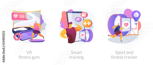 Sport exercise modern technologies metaphors. VR gym, smart training, fitness tracker. Workout tracking wearable devices. Smart watch app. Vector isolated concept metaphor illustrations.