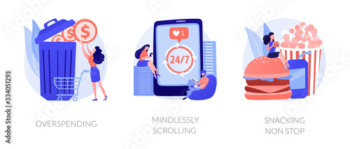 Bad expenses management, social media addiction, unhealthy nutrition icons set. Overspending, mindlessly scrolling, snacking non stop metaphors. Vector isolated concept metaphor illustrations