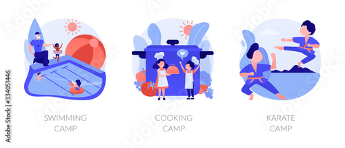 Kids holiday activities. Hobby, leisure, recreation. Children summer vacation adventures. Swimming, cooking camp, karate camp metaphors. Vector isolated concept metaphor illustrations.