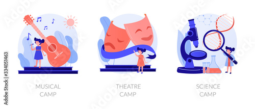Artistic and scientific activities for children set. Musical, theatre science, camps metaphors. Developing creativity. Kids hobbies and entertainment. Vector isolated concept metaphor illustrations