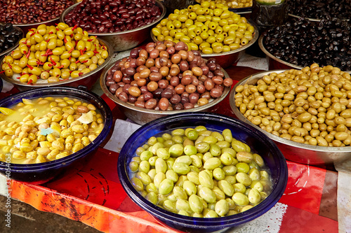 Bowls of Olives at Market in Tel Aviv
