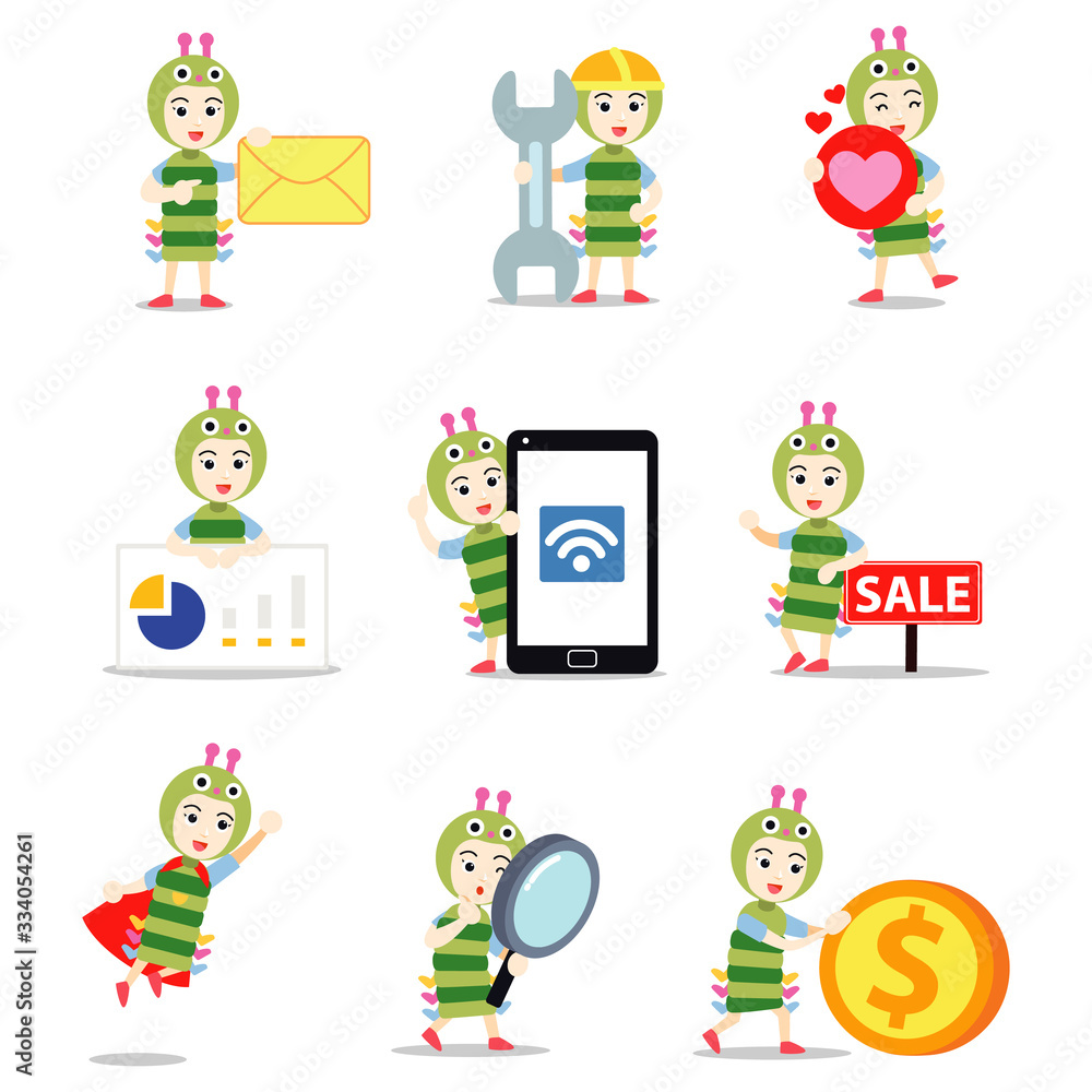 Fototapeta premium Set character of woman on caterpillar in a bright green color.