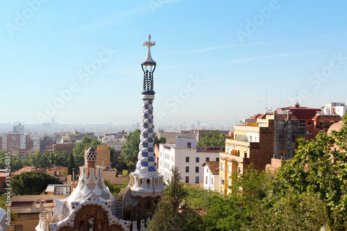 Panoramic view of Park Guell in the morning, Barcelona, Spain