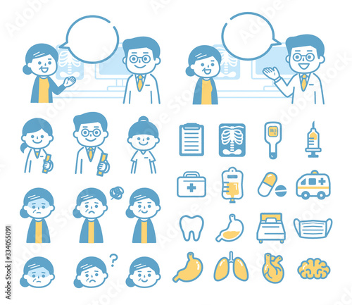 Granny and doctor and medical icons