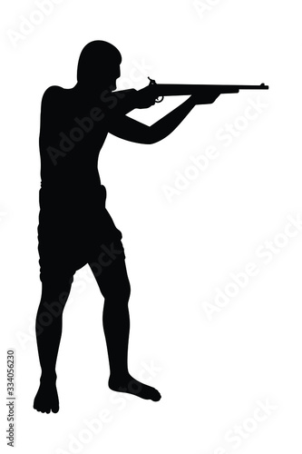Forest man with weapon silhouette vector on white