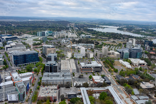 Aerial view of Canberra city centre from hot air balloon sunrie 