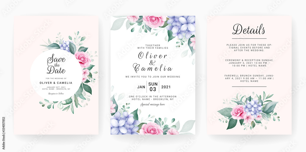 Floral wedding invitation card template set with watercolor floral arrangements and border. Flowers decoration for save the date, greeting, thank you, poster, cover. Botanic illustration vector