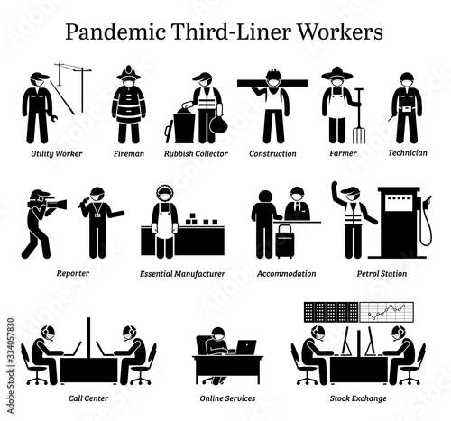 Virus pandemic third-liner workers. Vector icons of utility worker, fireman, farmer, reporter, factory staffs, hotel, call center, online services, and stock market employee wearing surgical mask.
