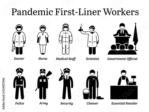 Virus pandemic first-liner workers. Vector icons of doctor, nurse, medical staff, scientist, government official, police, army, security guard, cleaner, and essential retailer wearing surgical mask.
