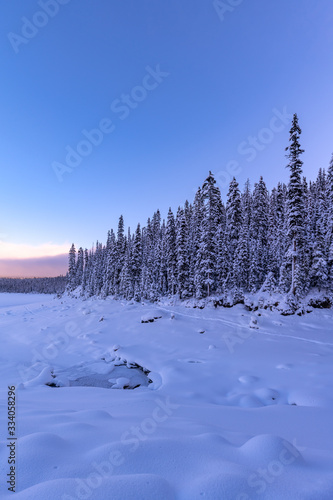 Winter wonderland at Upper Kananaskis Lake in Alberta, Canada