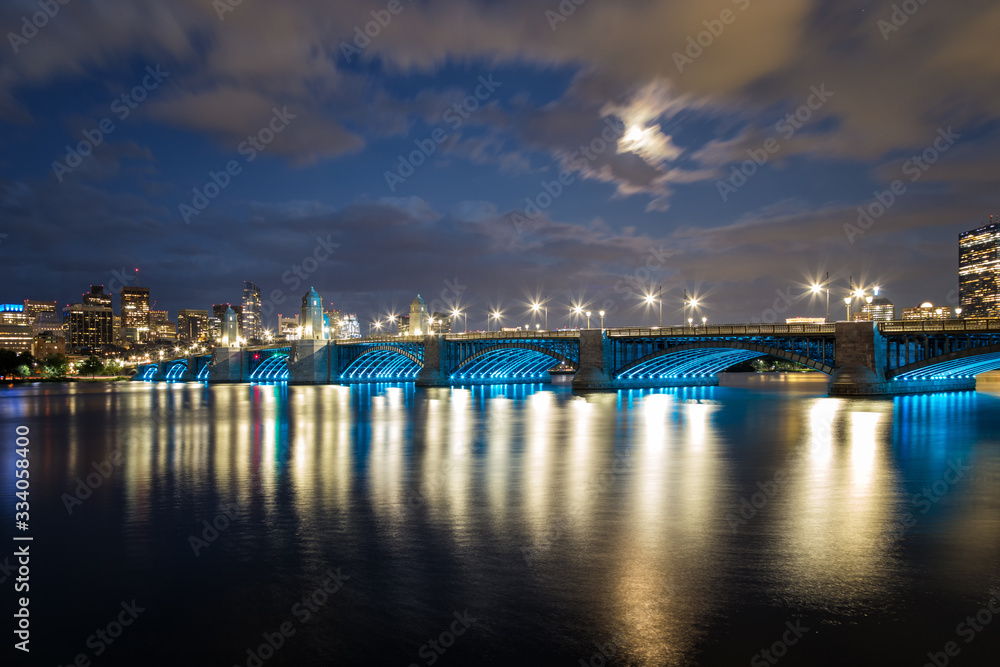 Long Fellow Bridge at Night in Boston