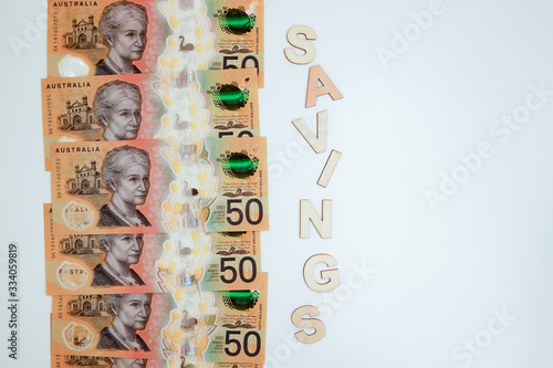 Australian 50 dollars banknotes with empty space for text input. Savings concept