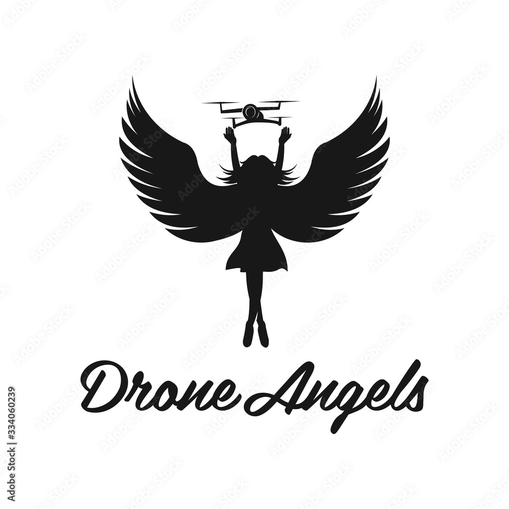 Obraz premium angels flying quadcopter drone logo, isolated vector illustration
