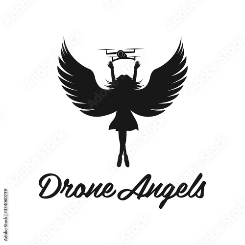 angels flying quadcopter drone logo, isolated vector illustration