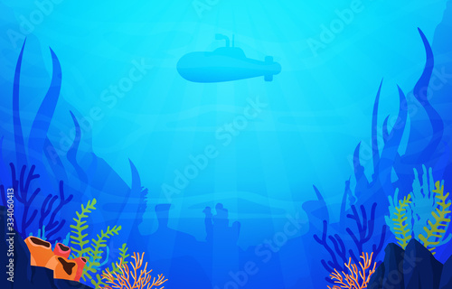 Submarine Diving Explore Coral Underwater Ocean Nature Illustration