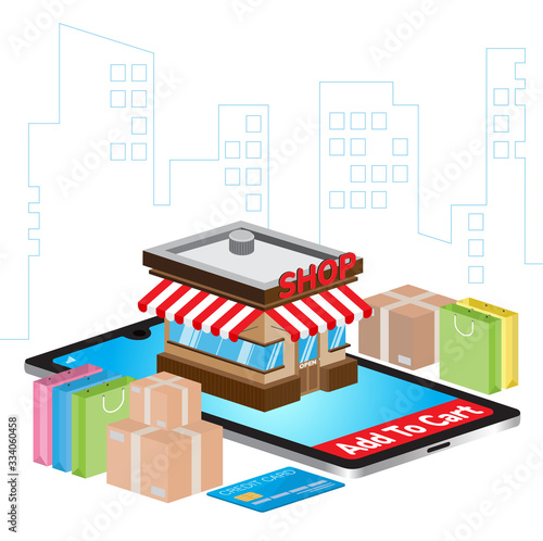 Mobile application for shopping, Online supermaket, Smartphone with shopping app.