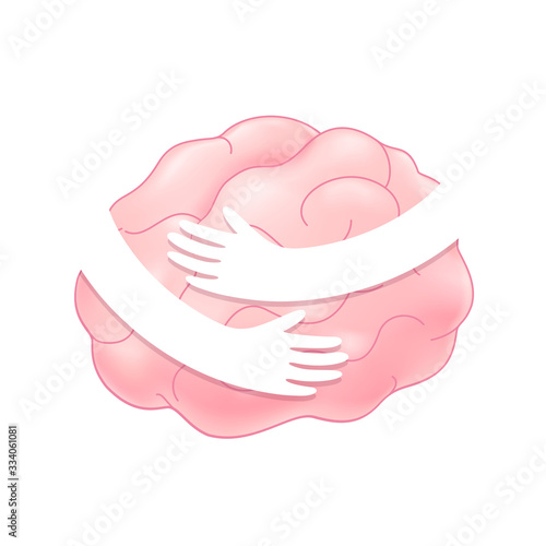 Abstract human brain with hands. Embrace internal organs. Icon design. Health care concept. Illustration on white background.