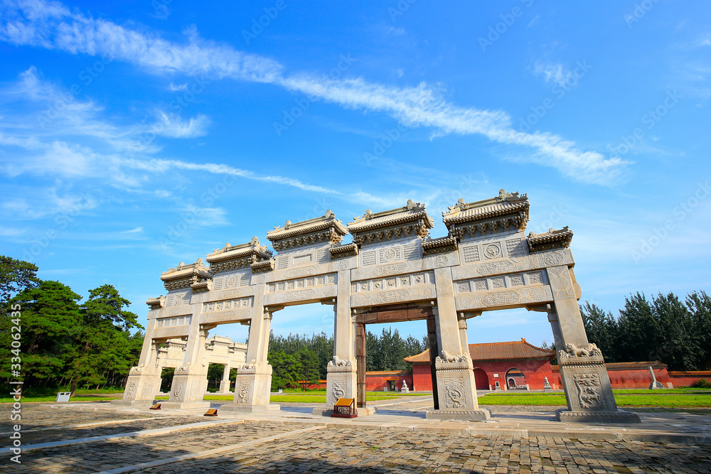 Ancient Chinese architecture, against a blue sky background