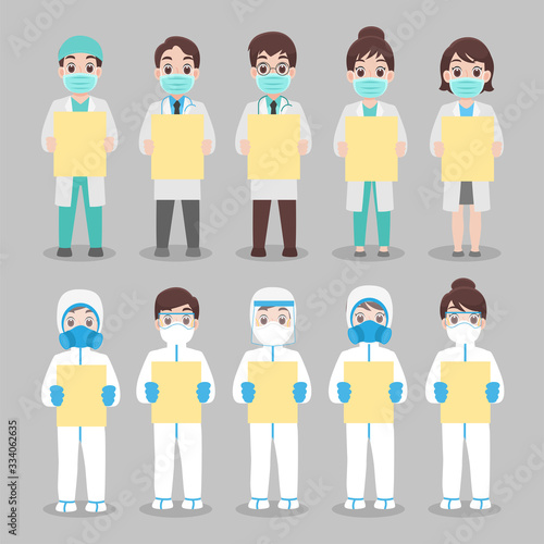 Set of Doctor and nurse in personal protective suit wear a surgical protective Medical mask for prevent virus said We stay at work for you. You stay at home for us. Social distance. Protect yourself.