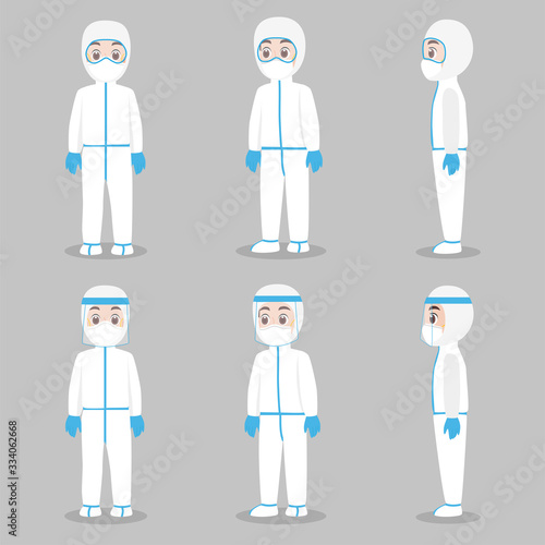 Set of Doctors Character wearing in full protective suit Clothing isolated and Safety Equipment for prevent virus Wuhan Covid-19.Corona virus, people wearing Personal Protective Equipment.Work safety