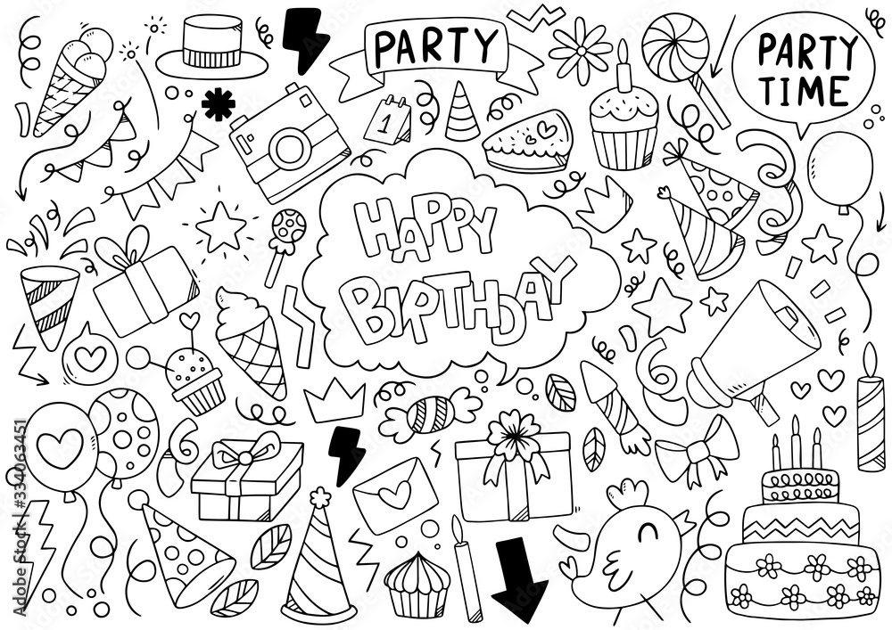 hand drawn party doodle happy birthday