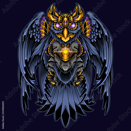 owl steampunk and golden armor illustration for Tshirt design