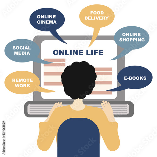 Concept of life online. You can get everything staying at home online.  Man sits in front of his laptop, choosing a service.