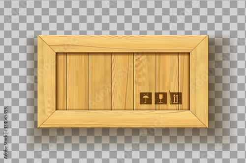 Realistic wood box on transparent background. Handle with care marking on timber planks. Parcel top view mockup. Storage reusable unit with delivery markings and signs