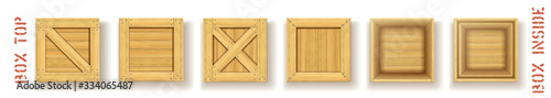 Realistic wooden boxes on white background. Mock up for closed timber containers with drop shadow. Product packaging variation. Supply storage in warehouse with shape options